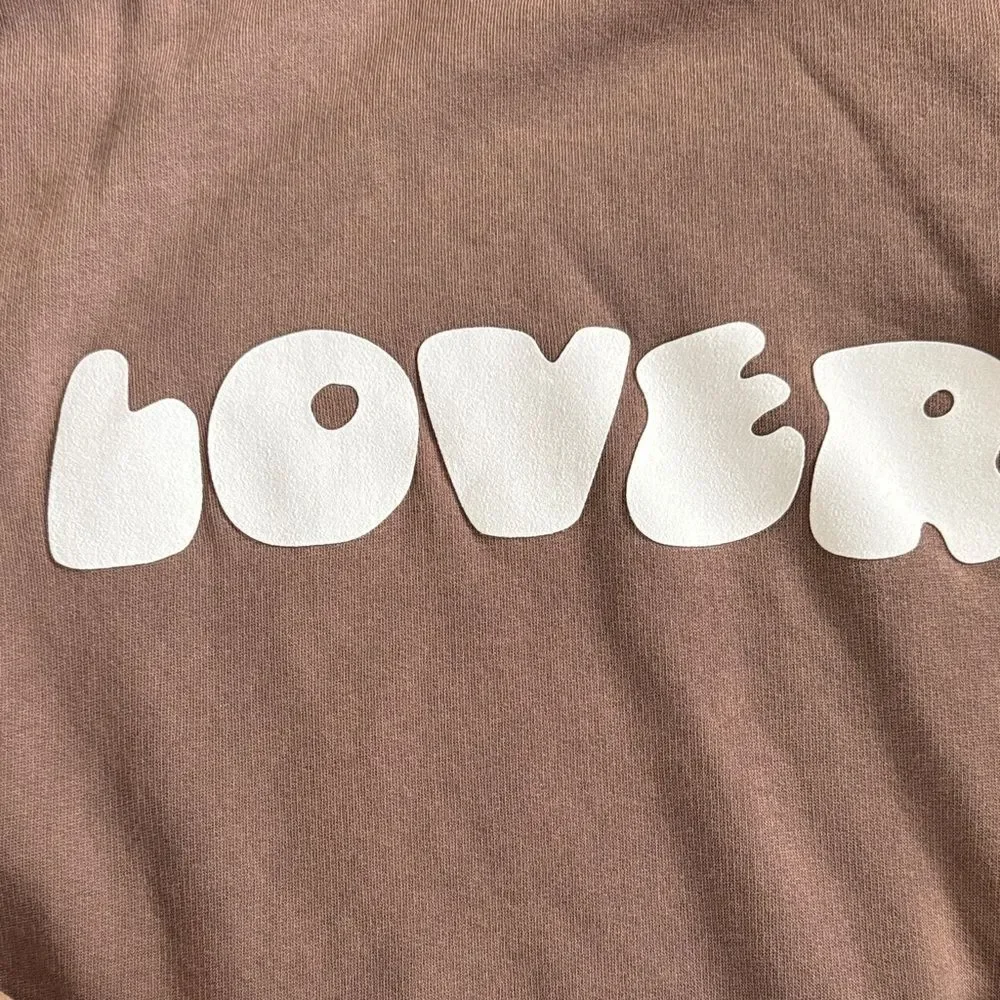 Washed Brown Hoodie with White 'Lover' Print oversized soft - Picture 2 of 5